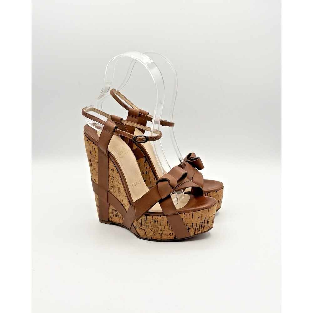 Christian Louboutin Cork Wedge Heels Brown Leather Bow Accent Size EU 35